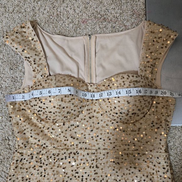 XL (12ish) Shein Gold Stretch Sequin-Tinsel Cap-Strap Gown with Molded Bust - Picture 6 of 9
